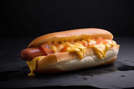 close-up of hot dog with toasted bun and juicy filling, created with generative aiの素材