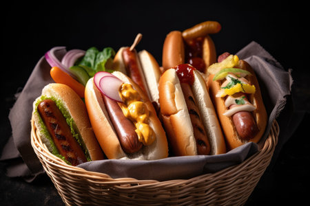 basket of hot dogs, nestled in a bed of fluffy buns and condiments, created with generative aiの素材