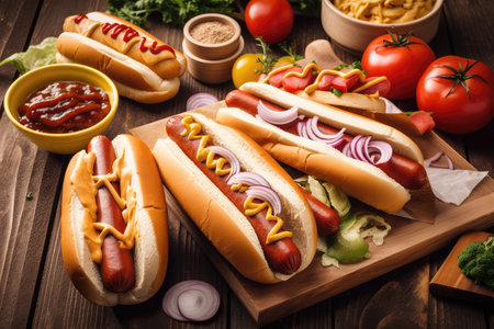 pile of hot dogs, buns, and condiments for a simple yet satisfying meal, created with generative aiの素材