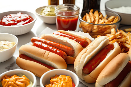 pile of hot dogs, buns, and condiments for a simple yet satisfying meal, created with generative aiの素材