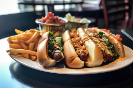 upscale diner with variety of hot dogs, including vegetarian options, created with generative aiの素材