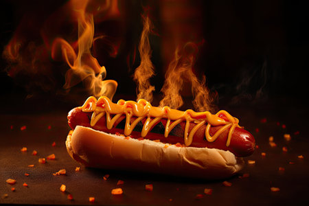 hot dog on stick, surrounded by flames and smoke, created with generative aiの素材