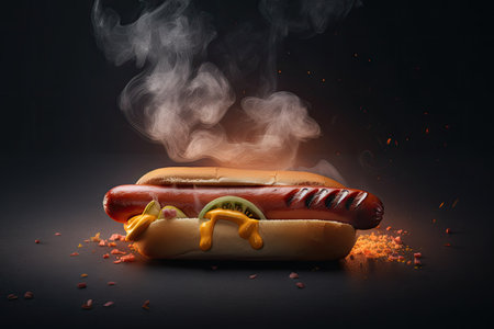hot dog on stick, surrounded by flames and smoke, created with generative aiの素材