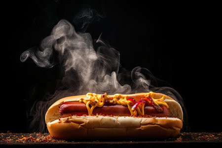 hot dog on stick, surrounded by flames and smoke, created with generative aiの素材