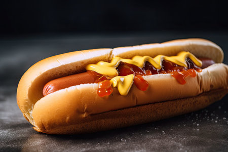 close-up of hot dog, with juicy filling and crispy exterior visible, created with generative aiの素材