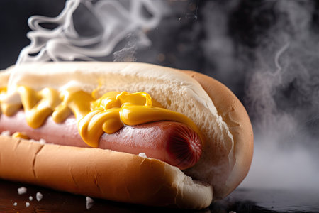 close-up of hot dog, with steamy bun and juicy meat in the foreground, created with generative aiの素材