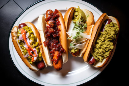 plate with several hot dogs, each on its own roll, and array of toppings, created with generative aiの素材