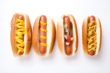 collection of hot dogs in various colors and shapes, on white background, created with generative aiの素材