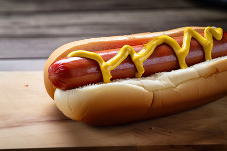 juicy hot dog, topped with ketchup and mustard, on toasted bun, created with generative aiの素材