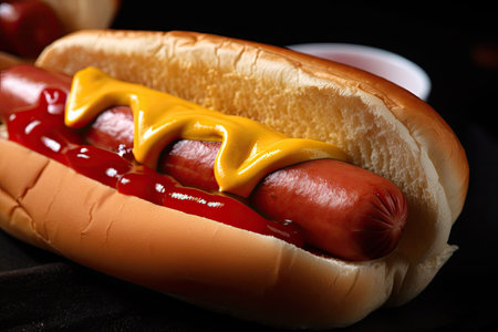 juicy hot dog, topped with ketchup and mustard, on toasted bun, created with generative aiの素材