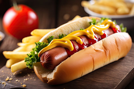 delicious hot dog sandwich with bun, mustard, and ketchup, created with generative aiの素材