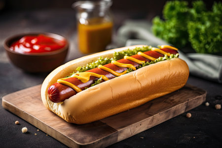 delicious hot dog sandwich with bun, mustard, and ketchup, created with generative aiの素材