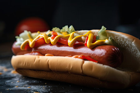 close-up of hot dog, with juicy filling bursting from its bun, created with generative aiの素材