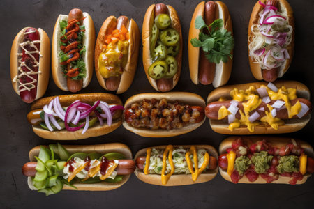 collection of hot dogs, each one paired with different type of sauce, relish, and toppings, created with generative aiの素材