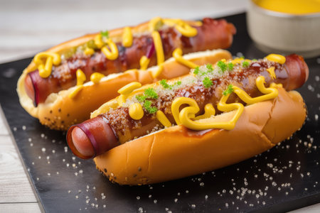serehsal of hot dogs wrapped in bacon, grilled and topped with mustard, created with generative aiの素材