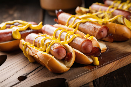 serehsal of hot dogs wrapped in bacon, grilled and topped with mustard, created with generative aiの素材