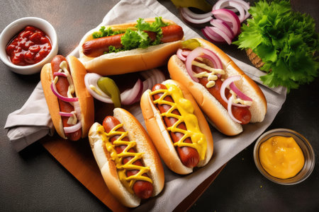 a plate of hot dogs, with buns and condiments ready to go, created with generative aiの素材