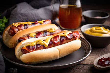 plate of hot dogs wrapped in bacon and served with ketchup and mustard, created with generative aiの素材