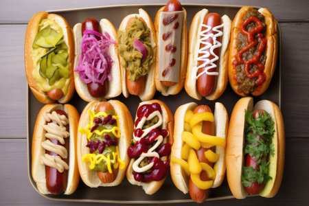 a plate of hot dogs, each dressed with different condiments and toppings, created with generative aiの素材