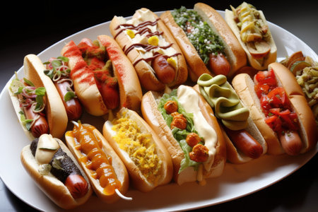 a plate of hot dogs, each dressed with different condiments and toppings, created with generative aiの素材