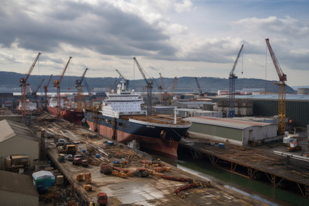 shipyard, with a variety of different vessels in various stages of construction and completion, created with generative aiの素材