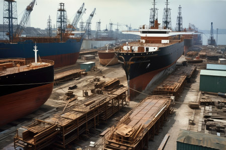 shipyard, with a variety of different vessels in various stages of construction and completion, created with generative aiの素材