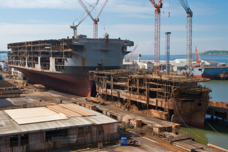 shipyard, with ships in various stages of construction and repair, created with generative aiの素材