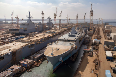 a shipyard, with a multitude of civilian and military vessels being constructed, created with generative aiの素材