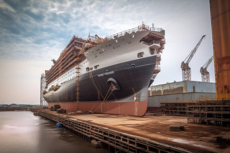 shipyard, with enormous ship being built from start to finish, created with generative aiの素材