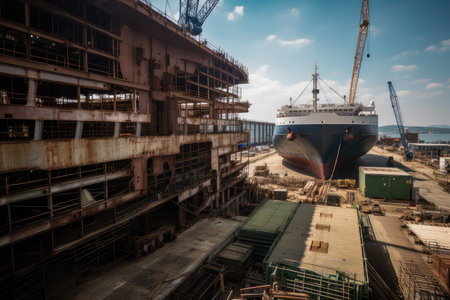 shipyard, with enormous ship being built from start to finish, created with generative aiの素材