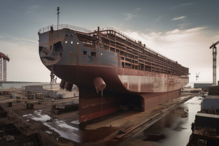 shipyard, with enormous ship being built from start to finish, created with generative aiの素材