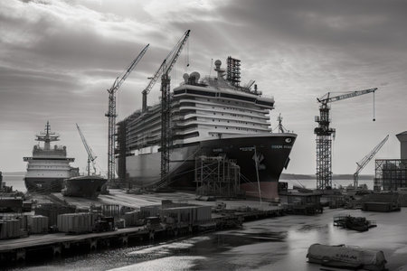 shipyard, with enormous ship being built from start to finish, created with generative aiの素材