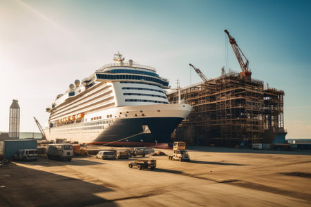 shipyard, with sleek and modern cruise ship being built from the ground up, created with generative aiの素材