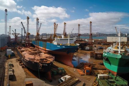 shipyard, with various vessels in different stages of construction, created with generative aiの素材