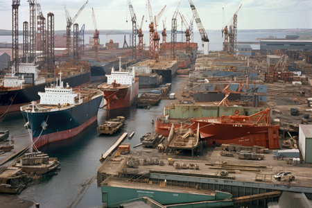 modern shipyard, with dozens of ships in various stages of construction, created with generative aiの素材