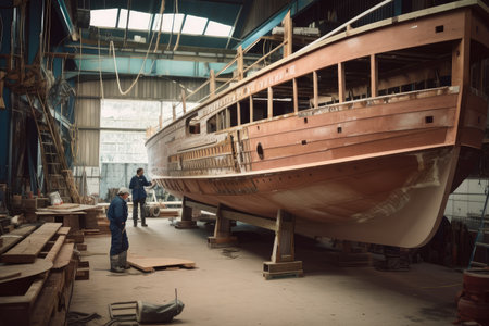 shipbuilding workshop, with workers building vessel from scratch, created with generative aiの素材