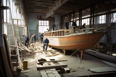 shipbuilding workshop, with workers building vessel from scratch, created with generative aiの素材