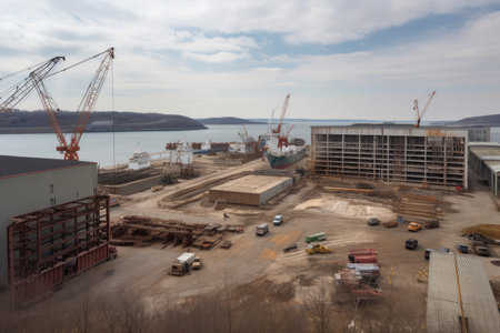 shipyard, with view of construction site for new vessels and parts, created with generative aiの素材