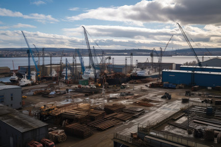 shipyard, with view of construction site for new vessels and parts, created with generative aiの素材