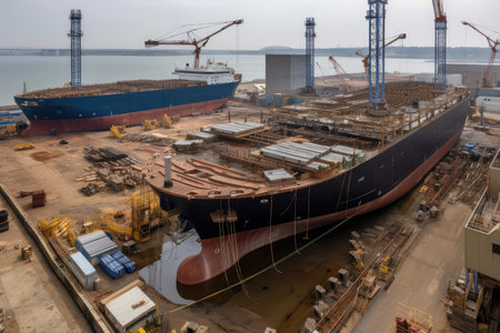 ship being constructed in dry dock, with cranes and other heavy equipment nearby, created with generative aiの素材