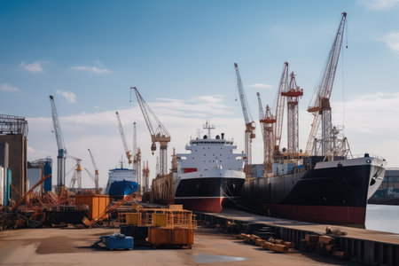 shipyard, with various ships in different stages of construction and repair, created with generative aiの素材