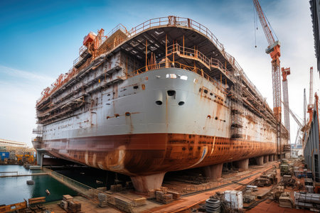 huge ship under construction, with workers welding and painting the exterior, created with generative aiの素材