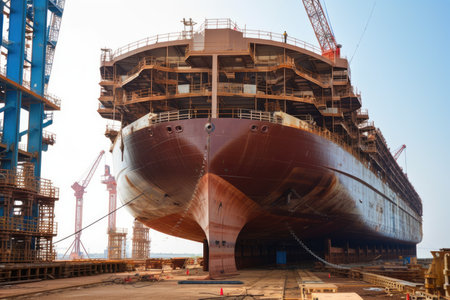 huge ship under construction, with workers welding and painting the exterior, created with generative aiの素材