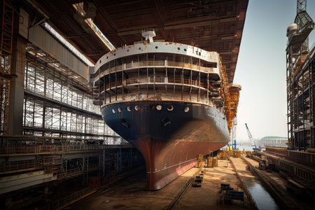 huge ship under construction, with workers welding and painting the exterior, created with generative aiの素材
