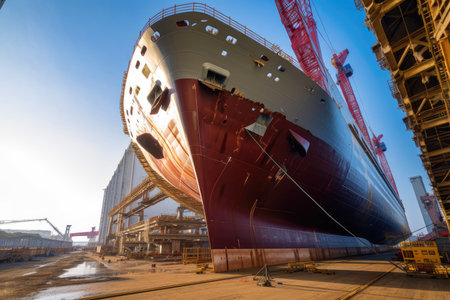 huge ship under construction, with workers welding and painting the exterior, created with generative aiの素材