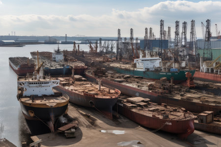 shipyard, with rows of ships docked for maintenance and repair, created with generative aiの素材