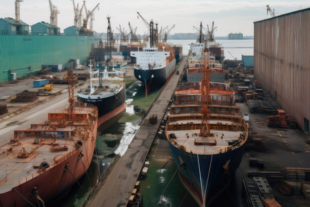 shipyard, with rows of ships docked for maintenance and repair, created with generative aiの素材