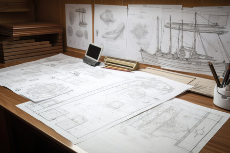 room full of ship drawings, blueprints and plans, created with generative aiの素材