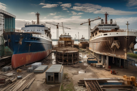 shipyard, with a variety of vessels in different stages of construction and repair, created with generative aiの素材