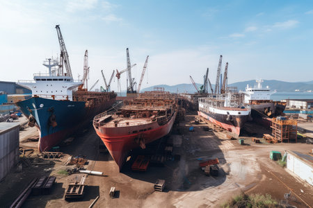 shipyard, with a variety of vessels in different stages of construction and repair, created with generative aiの素材